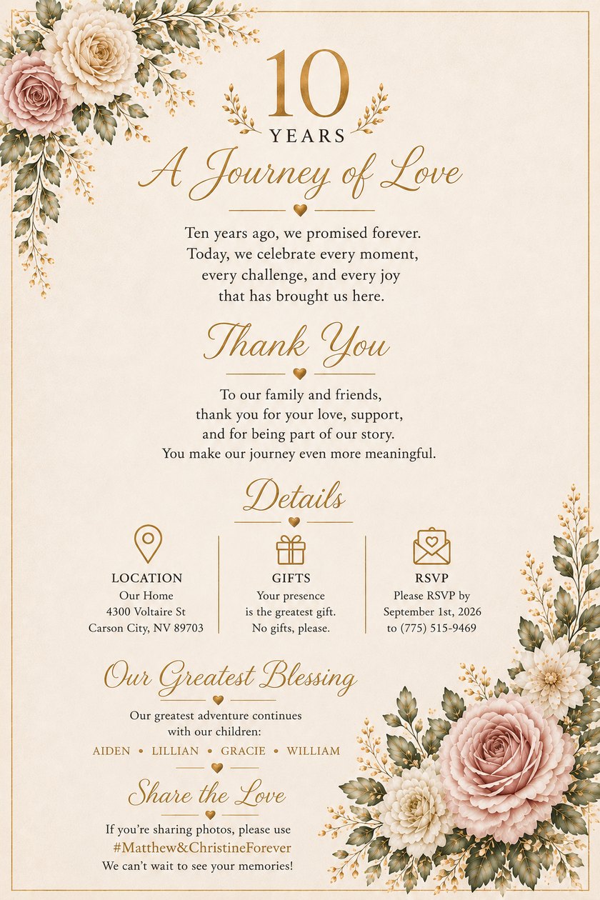 The details card — A Journey of Love: thank you, location, no gifts please, RSVP by September 1st, the children Aiden, Lillian, Gracie and William, and the photo hashtag.