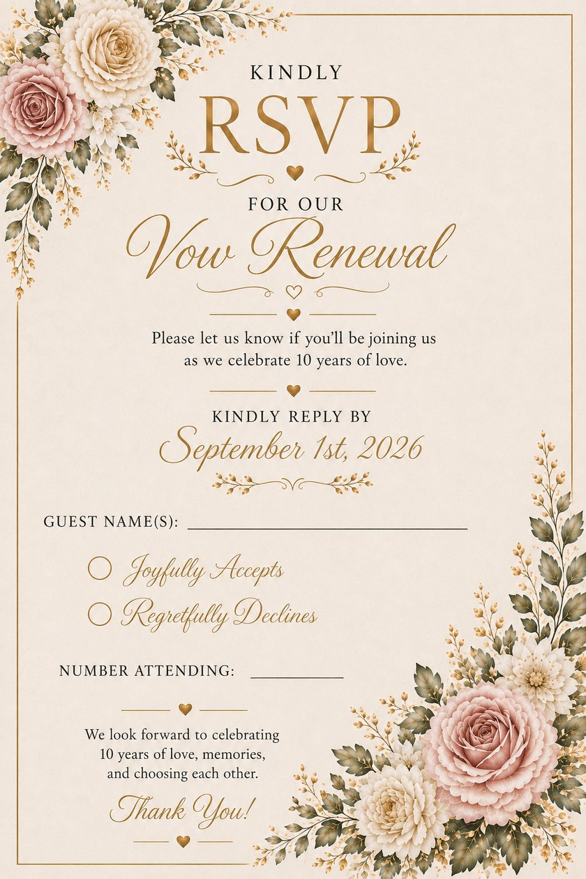 The RSVP card — kindly reply by September 1st, 2026: joyfully accepts or regretfully declines, with number attending.