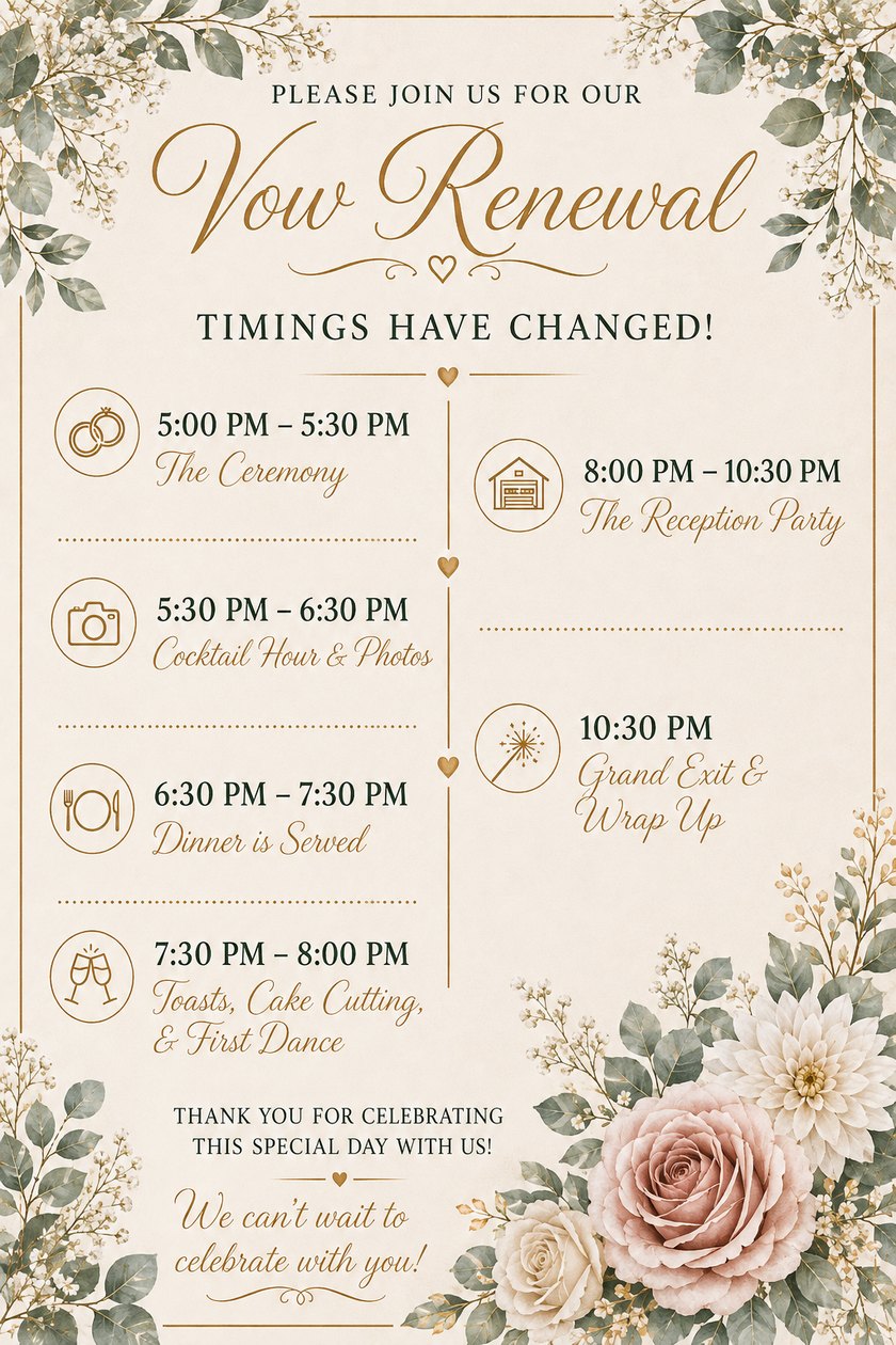 The schedule card — timings have changed: ceremony 5:00 PM, cocktail hour 5:30, dinner 6:30, toasts and first dance 7:30, reception 8:00, grand exit 10:30 PM.