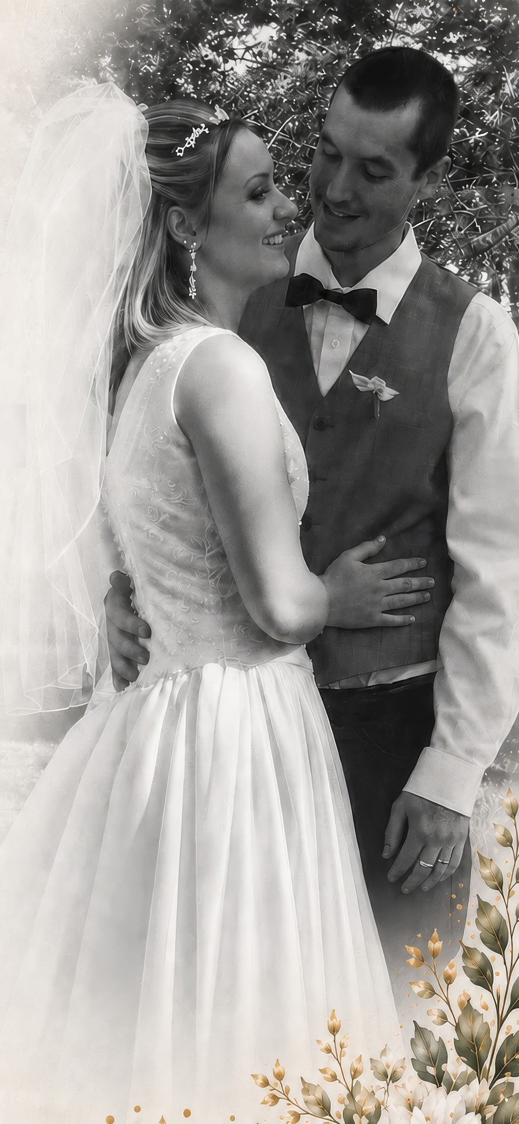 Christine and Matthew on their wedding day, ten years ago — a black-and-white photograph. Christine in her dress and veil, Matthew in his vest and bow tie.